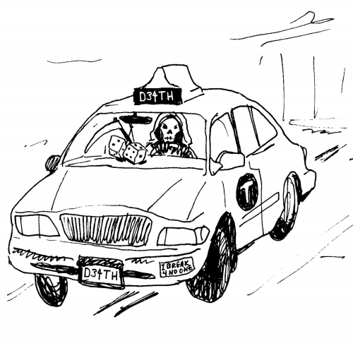 cartoon of death driving a taxi