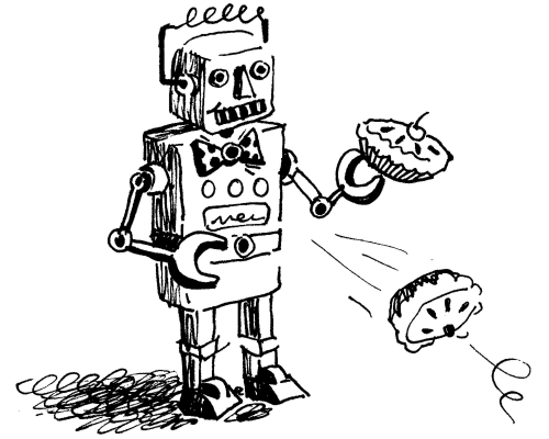 cartoon of a robot throwing pies