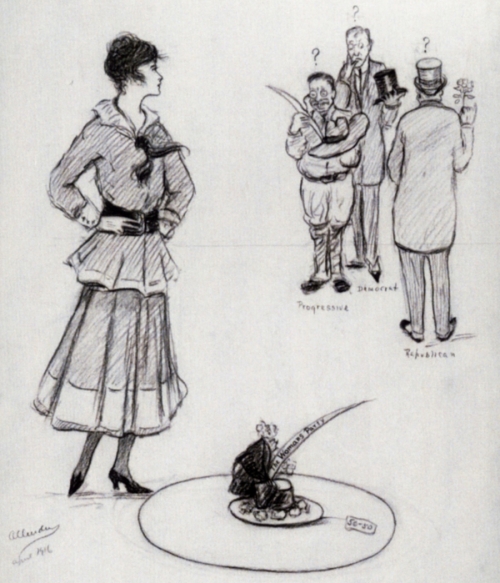 vintage black and white political cartoon of a woman considering entering politics