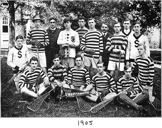 A black and white picture of the 1905 men’s lacrosse team, which claimed the Intercollegiate Lacrosse Association (ILA) national championship for the second consecutive year and finished the campaign with a 7–1 record. 
