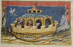 an illuminated manuscript illustration of Noah's dove and the Ark