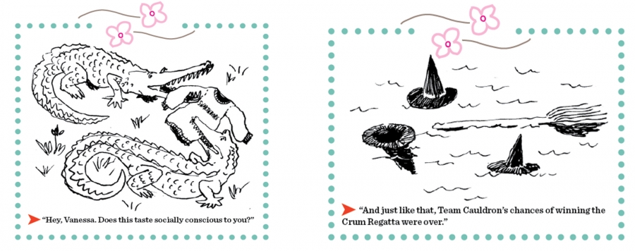 two cartoons: 1) two alligators eating a Swarthmore sweatshirt and saying, "Hey Vanessa, does this taste socially conscious to you?" and 2) witches' hats floating beside a broomstick in a river and the caption "And just like that, Team Cauldron's chances of winning the Crum Regatta were over."