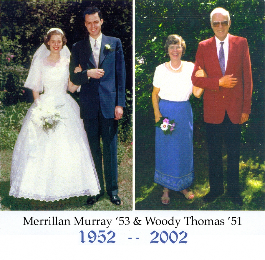 The wedding photo of Merrillan Murray ’53 and Woody Thomas ’51 taken in 1952 next to a photo of them taken in 2002.