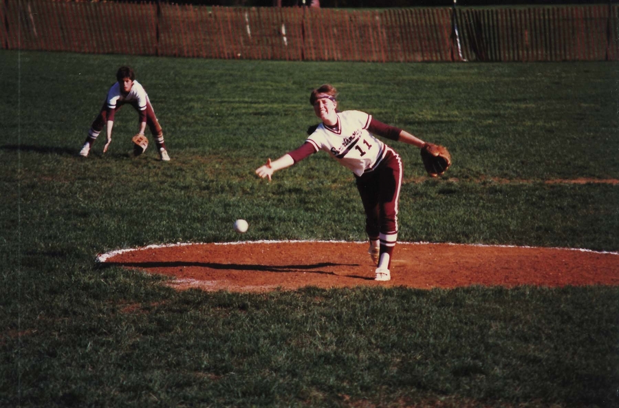 Barbara Schaefer pitching during a game in the late-'80s