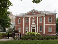 The pillared red brick colonial style Philosophical society in Philadelphia.