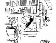 Illustration of students running the McCabe Mile, one appears to say something to a startled book worm.