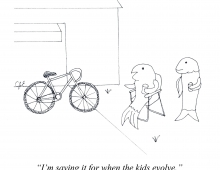 A drawing of two fish with a bicycle with the caption "I'm saving it for when the kids evolve."