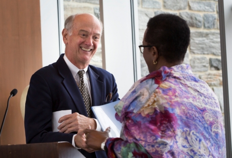 Gil Kemp ’72 with Swarthmore President Valerie Smith.