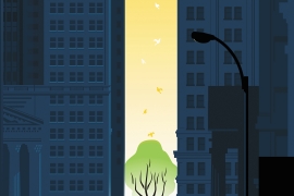 Dark, artistic drawing of Wall Street with sliver of light shining in between two enormous buildings on to a tree surrounded by people and birds. 