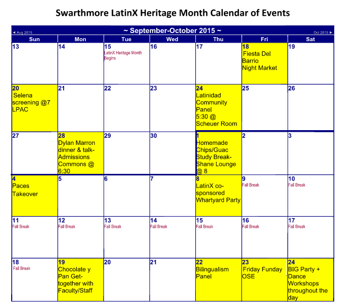 Latinx Calendar of Events Intercultural Center Swarthmore College