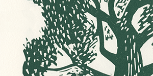 green on white background wood block print of tree detail