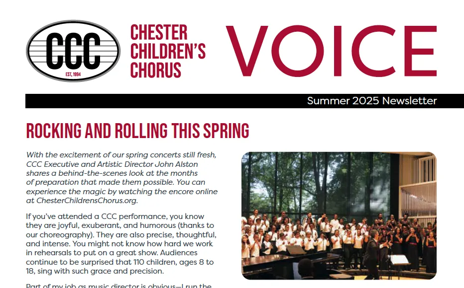 cover of summer 2025 newsletter with a photo of the children in the CCC performing on stage