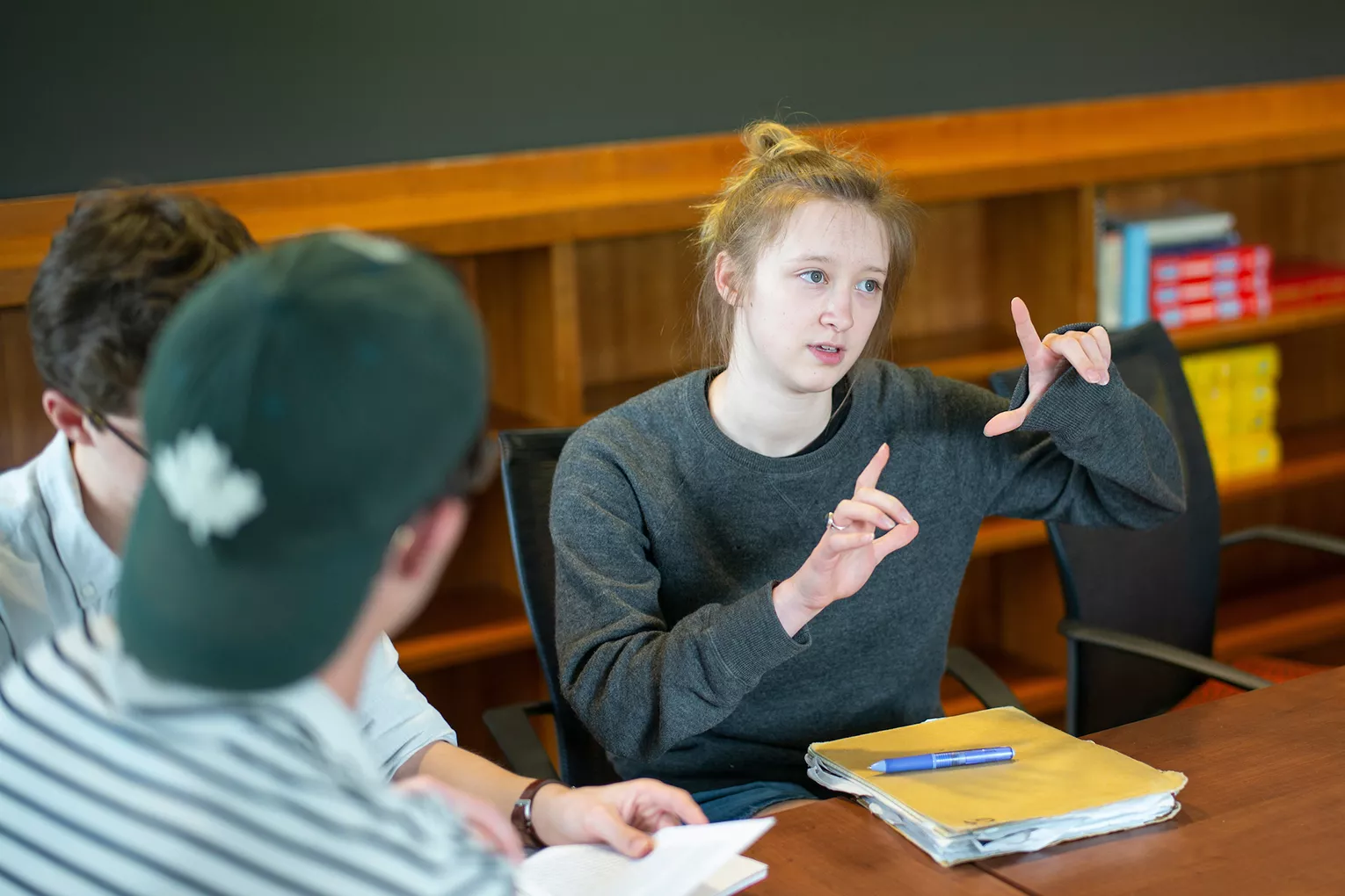 Students converse during french language course