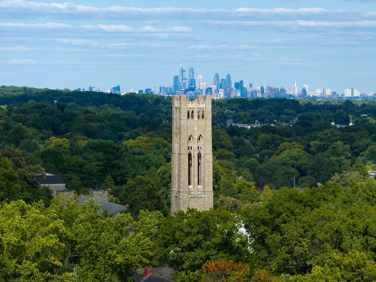 A view of Philadelphia's skyline beyond Clothier bell tower 