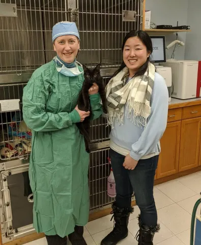 Vet holds cat wearing green scrubs and poses with student