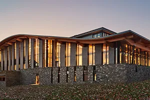 Exterior of dining center at night