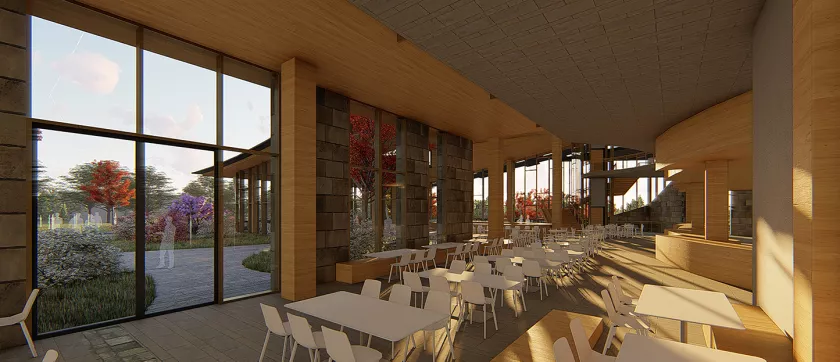 Mockup of indoor space in Dining and Community Commons