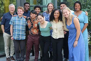 Summer 2024 Chester Fellows with program manager Ashley Henry and Visiting Lang Center Fellow Christopher Mele.