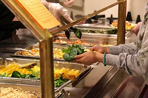 Closeup of hands receiving food on plate being served