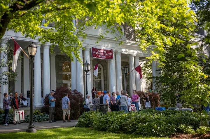 Parrish Hall decorated with banners