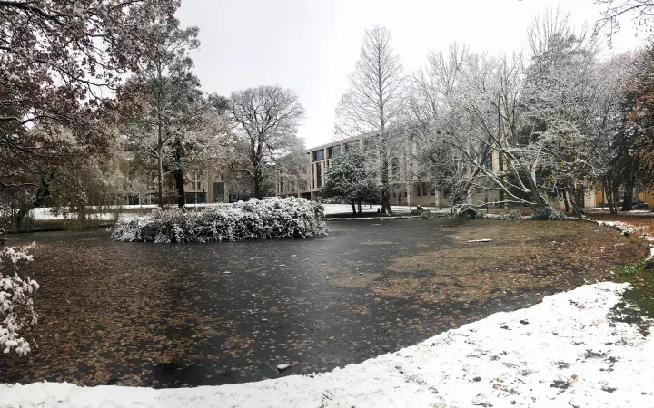 Pond in front of building surrounded by snow-covered trees