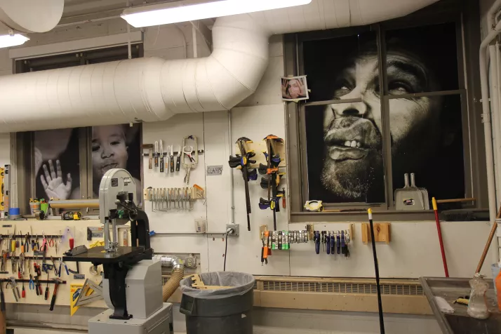 Sculpture student window install inside Beardsley Hall.