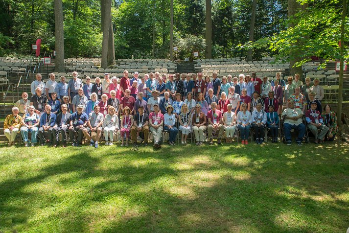 Class of 1974 poses in Scott Outdoor Amphitheater