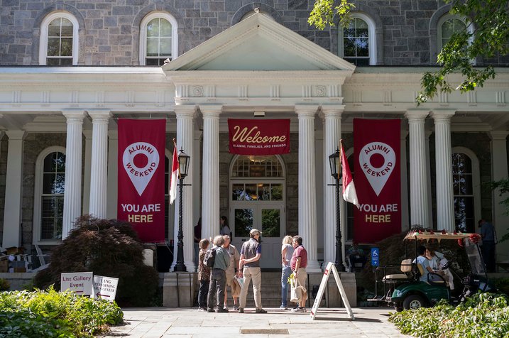 Parrish Hall decorated with banners for Alumni Weekend