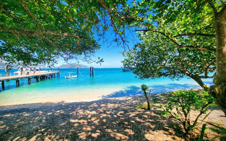 Beach with bright blue ocean and dock