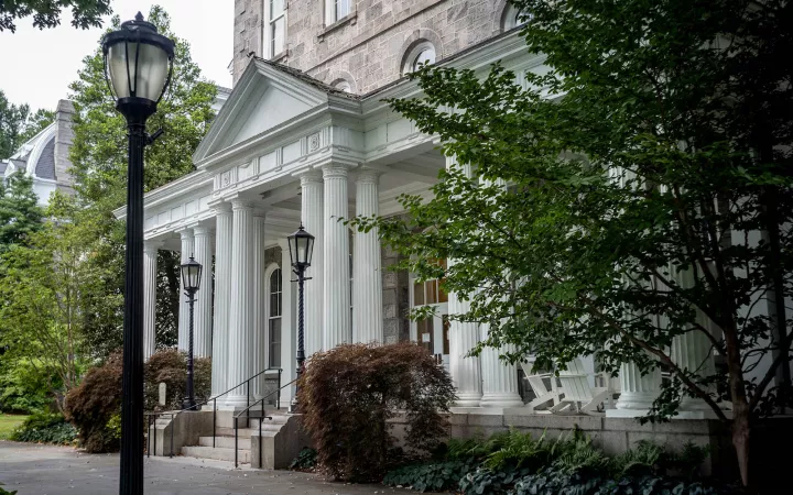 Side view of front entrance with columns