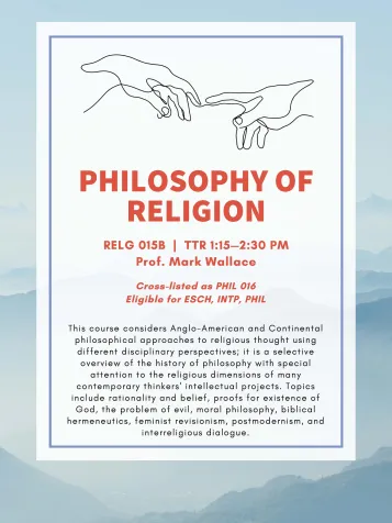 RELG 015B. Philosophy of Religion spring '22 course poster