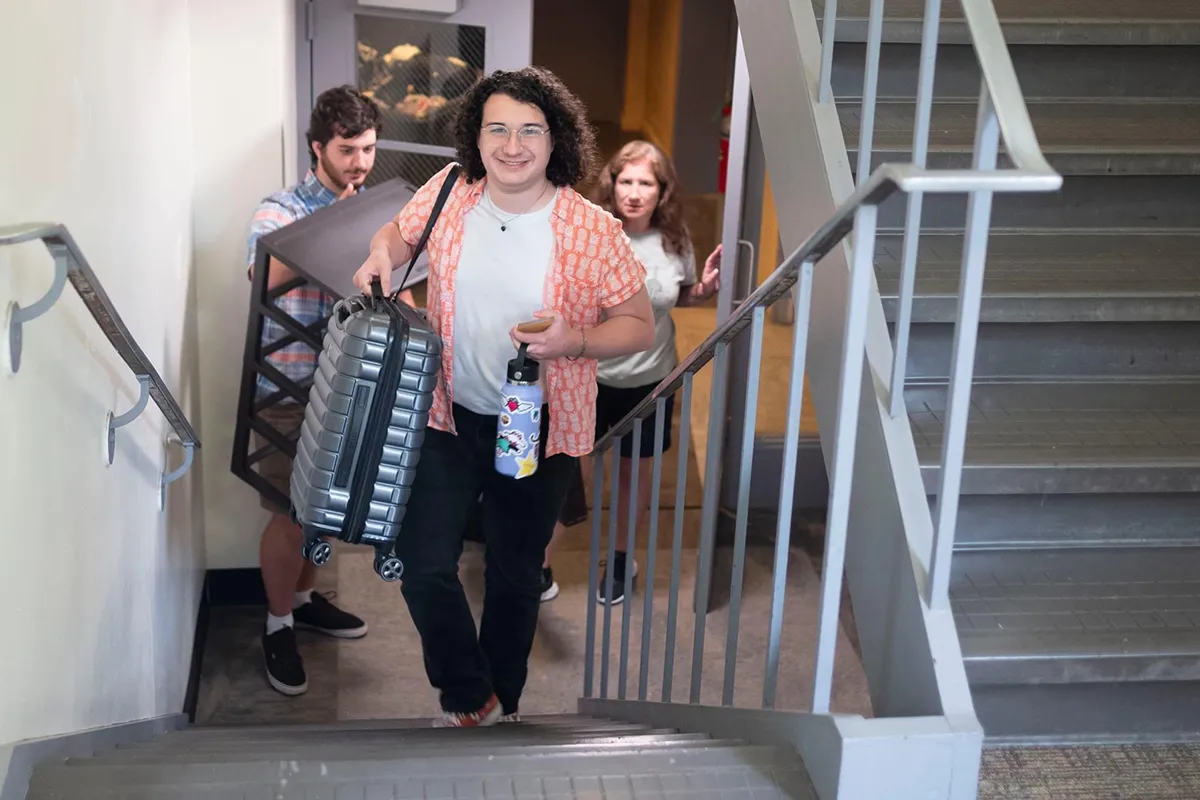 Person walks upstairs with luggage