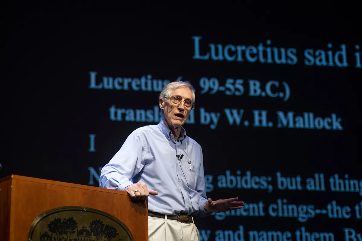 John Mather speaks at Swarthmore podium