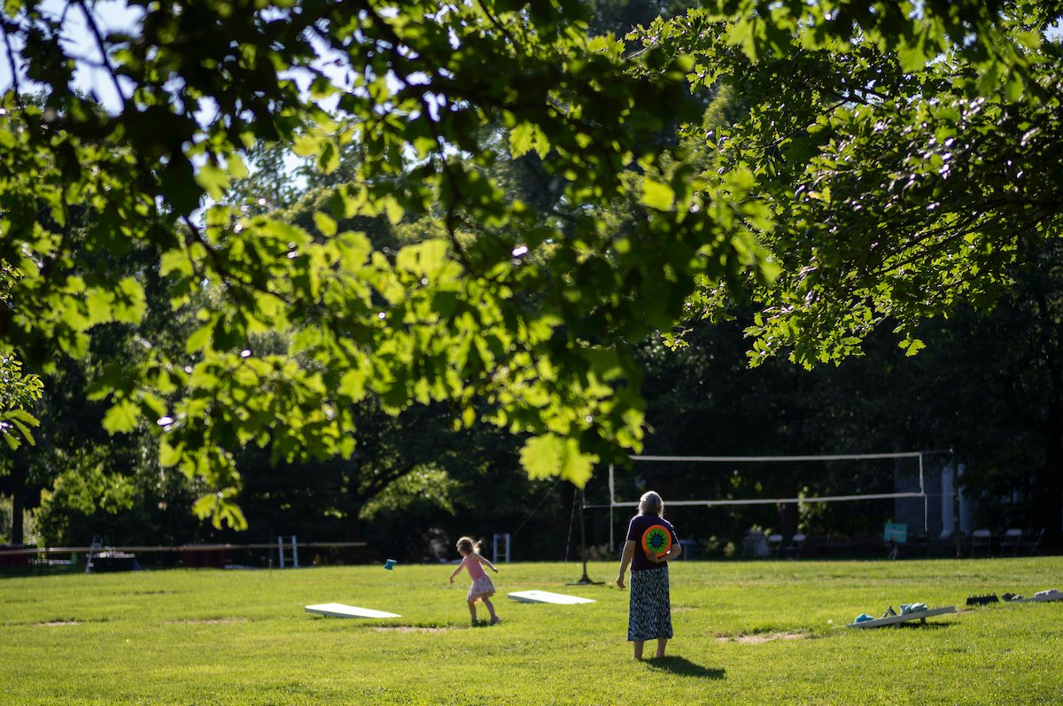 Two people play lawn games under tree on sunny day