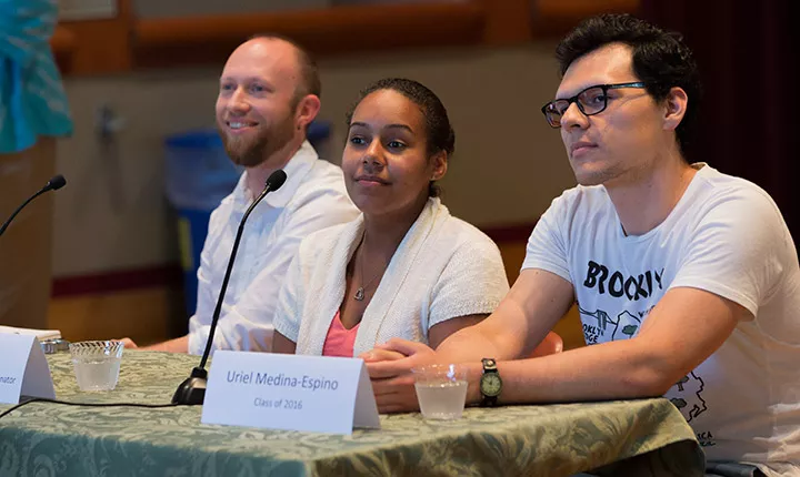 First-generation students, staff, and alumni take part on a panel during a reception for First in Family students.