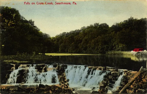 Colored postcard of the falls of Crum Creek in Swarthmore, ca. 1920