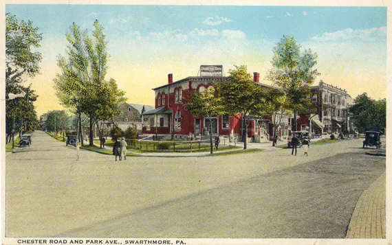 Colored postcard of "Michael's Corner" on South Chester Road in Swarthmore, before the underpass was built