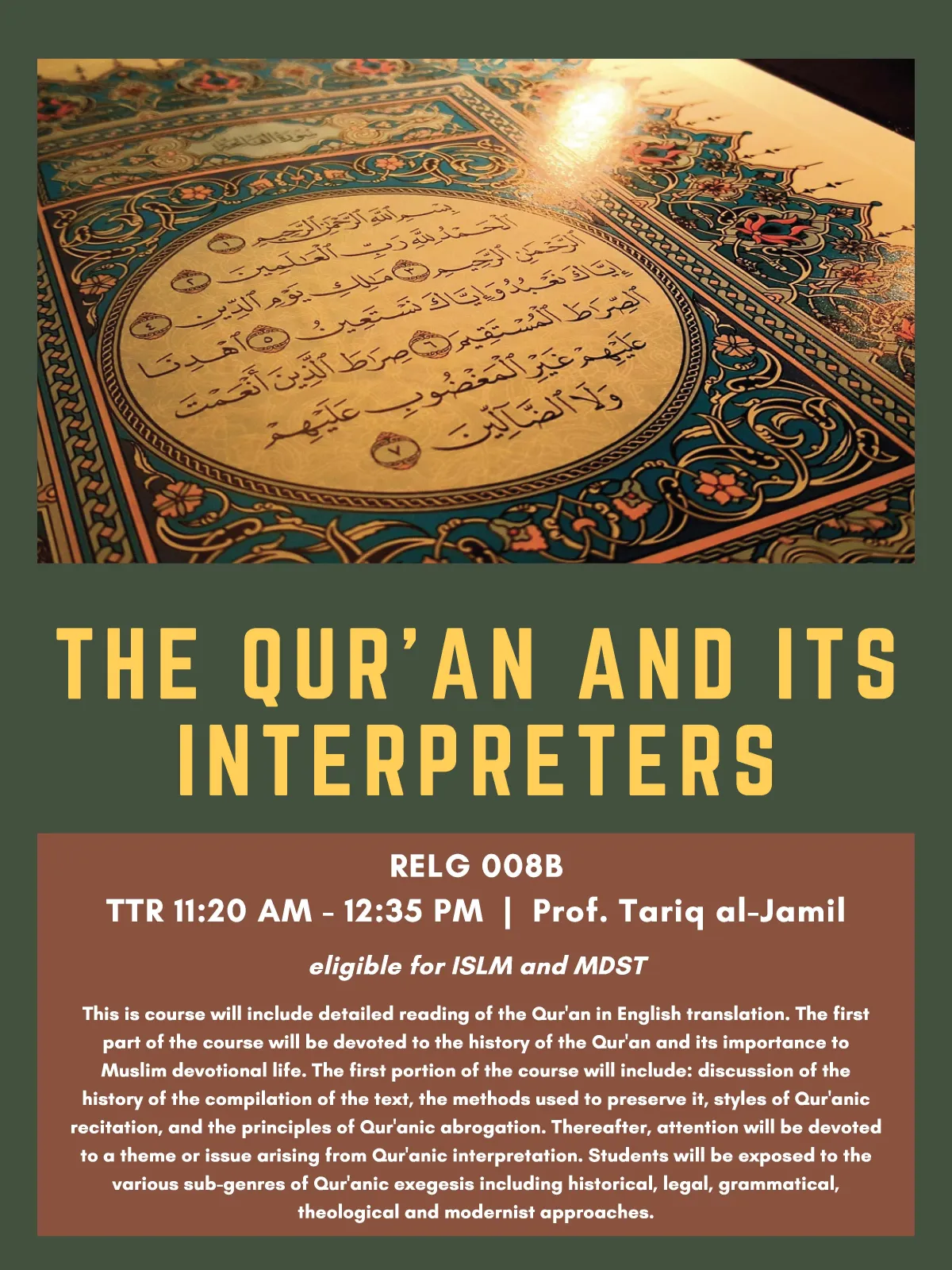 RELG 008B. The Qur'an and Its Interpreters spring '22 poster