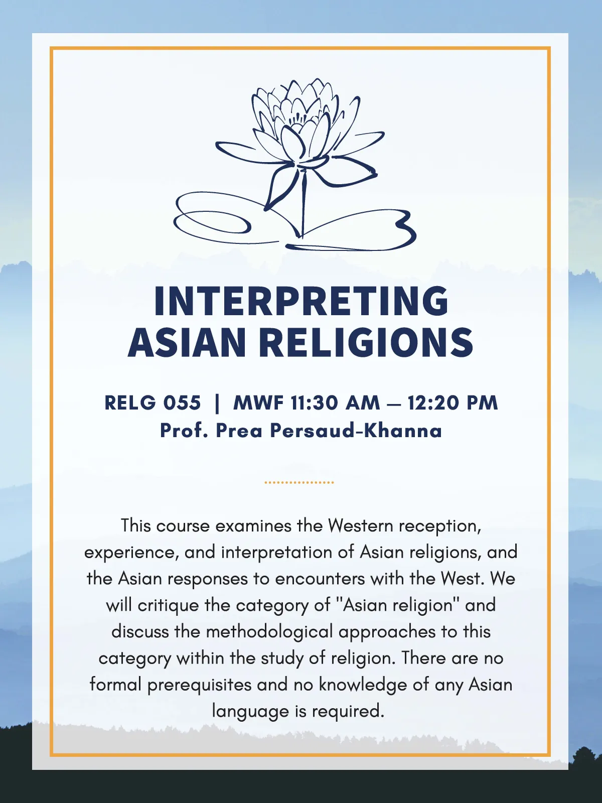 RELG 055. Interpreting Asian Religions spring '22 poster