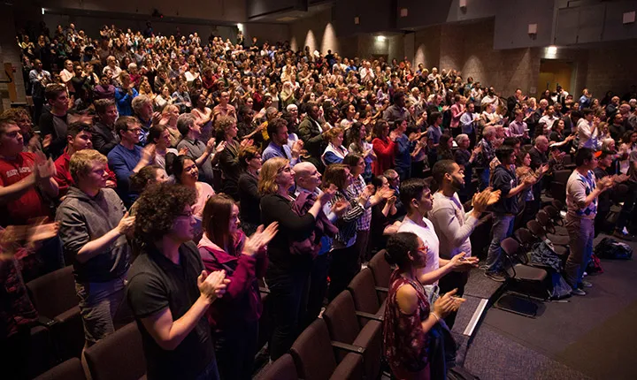 The crowd gives Stevenson a standing ovation