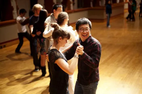 Becky Griest '15 and Simon Sung Min Ma '12 participate in waltz lessons before the ball