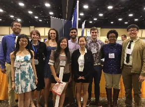 Swarthmore students presenting at the ACS Mid Atlantic Regional Meeting. Left to right. Back row. Aaron Holmes ’18, Mackinsey Smith ‘19, Hayley Raymond ’18, Arka Rao ‘18, Henry Wilson ’18, Laela Ezra ‘19, Allan Gao ‘19. Front row. Linda Lin ‘20, Elise Kim ‘18, and Linda Lee ‘18. Not pictured, Audra Woodside ’19.