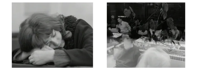 close up still of Anita sleeping and still of Anita sleeping with time-lapse of cafeteria motion around her