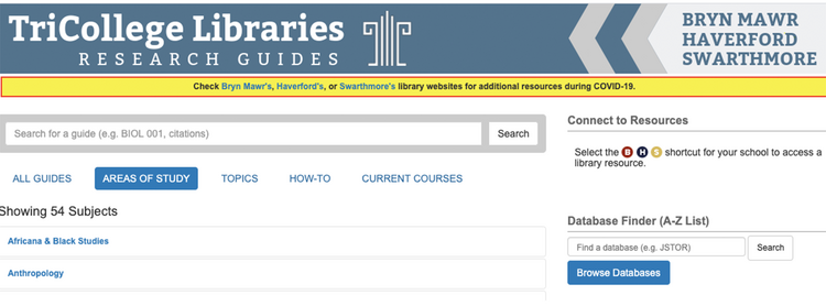 screenshot of TriCollege Libraries Research Guides homepage