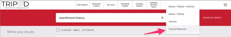 screenshot of tripod course reserves search for "swarthmore history"