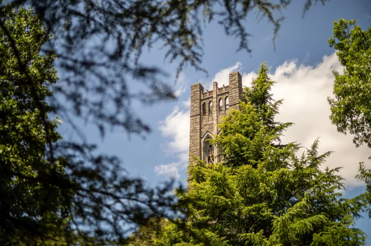 Clothier bell tower in distance against blue sky