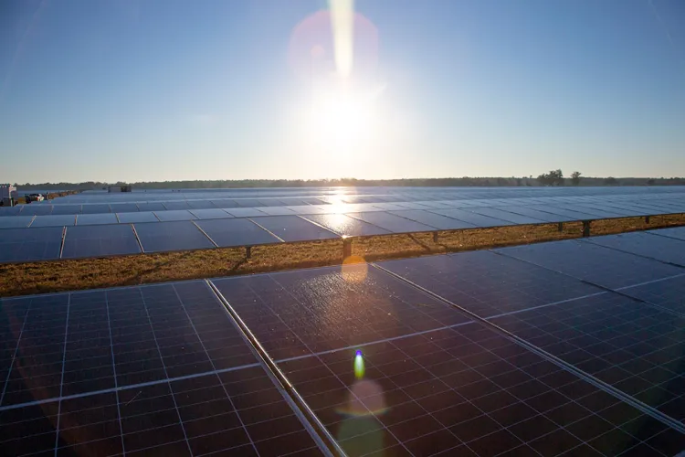 Array of solar panels underneath sun and blue sky