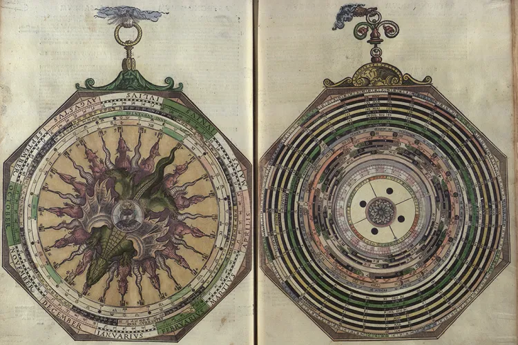 Two pages from old book illustrating model of universe