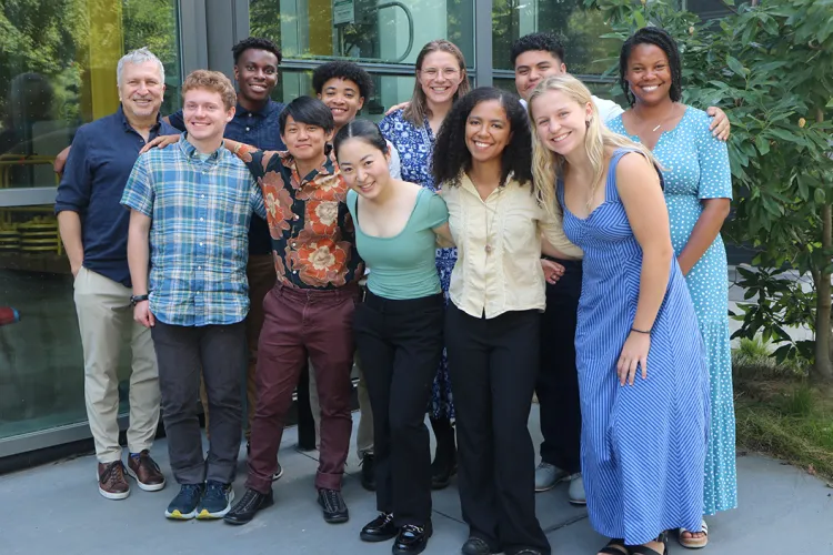 Summer 2024 Chester Fellows with program manager Ashley Henry and Visiting Lang Center Fellow Christopher Mele.