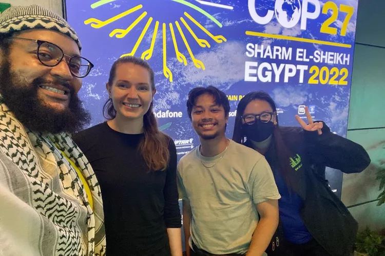 Visiting Assistant Professor of Religion James Padilioni, Director of Sustainability Elizabeth Drake, Alfisyanrin Muhamad ’23, and Chris Stone '23.